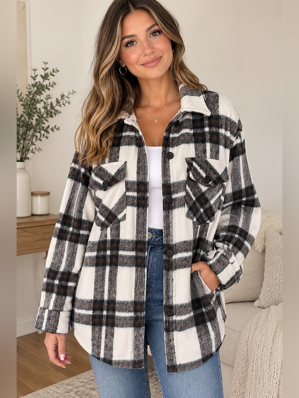 Pepper & Zoe True North Coatigan Plaid Shacket White & Brown Medium